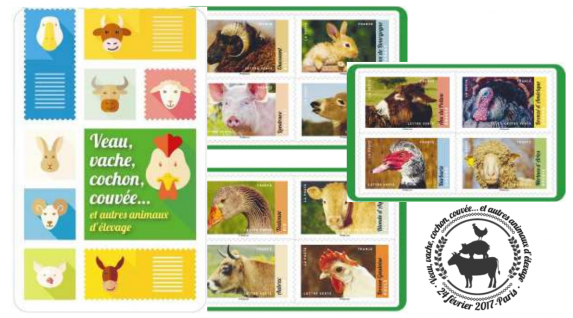 Un carnet de timbre 'Veau, vache, cochon, couvéeâ€¦ et autres animaux d'élevages'